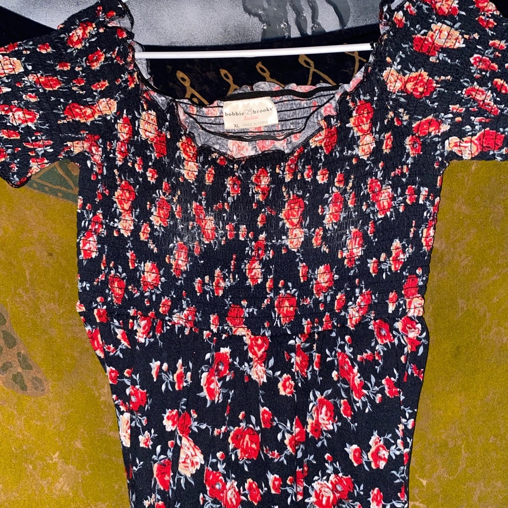 Anthropologie Black and Red Floral Long Sleeve Dress